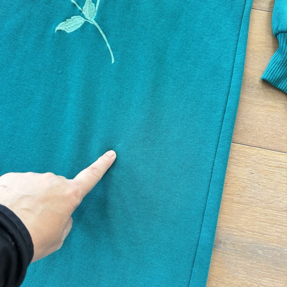 Vtg Appel Teal Sweatshirt Pullover Robe Nightgown Rose Embroidered OSFA/L‎ Boho